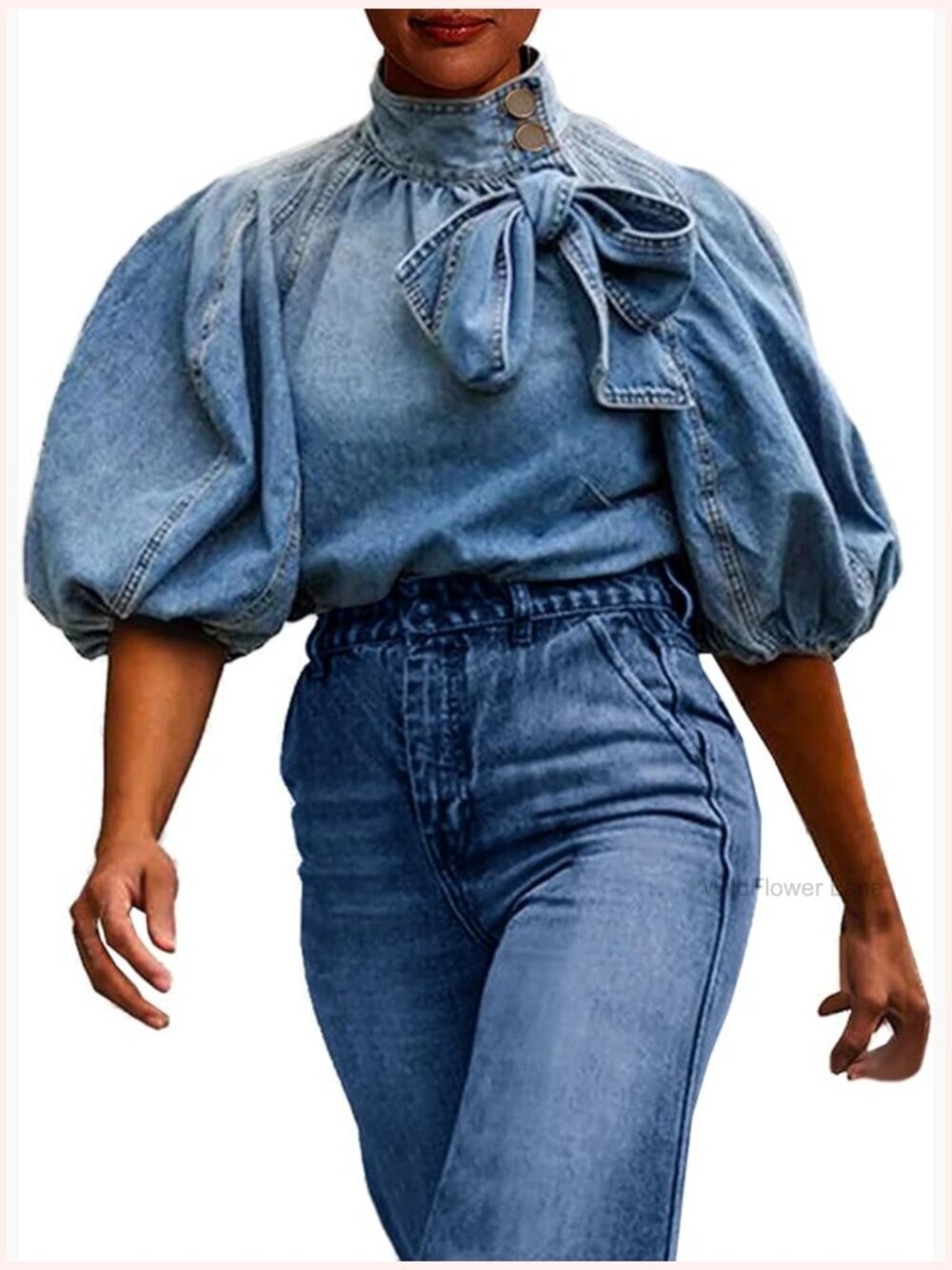 Puff Sleeve Bow Tie Mock Neck Denim Blouse Top Oversized Jean Shirt